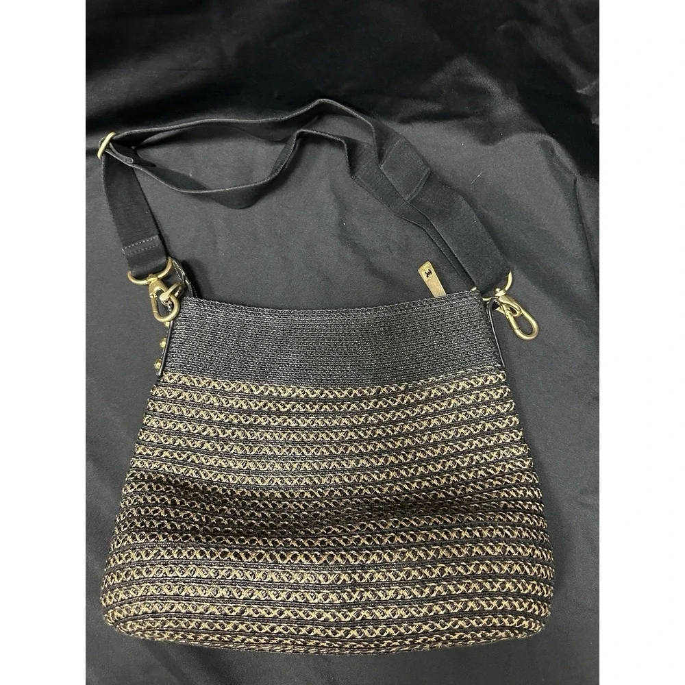Eric Javits Woven Straw Raffia Style Shoulder Bag Black Tan Hobo Tote Purse